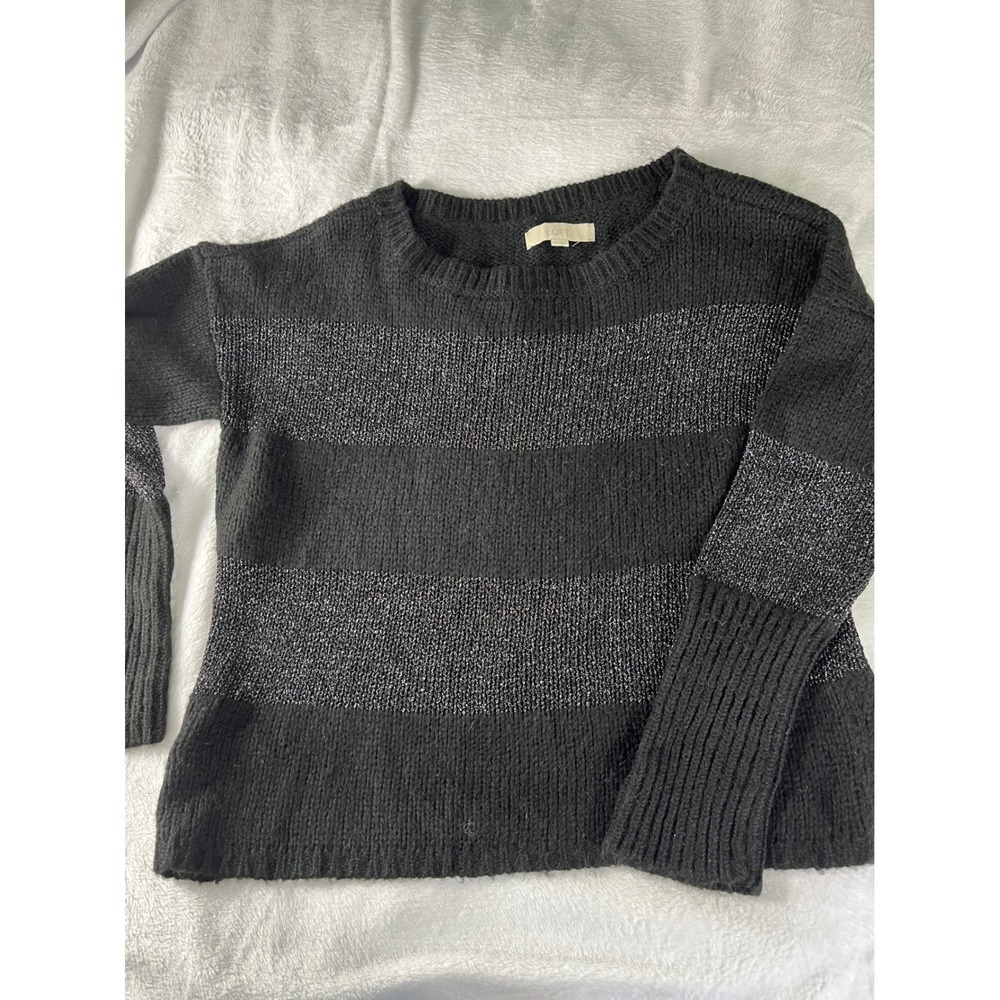 Ann Taylor Loft Womens Large Black Silver Metallic Striped Knit Sweater 260151